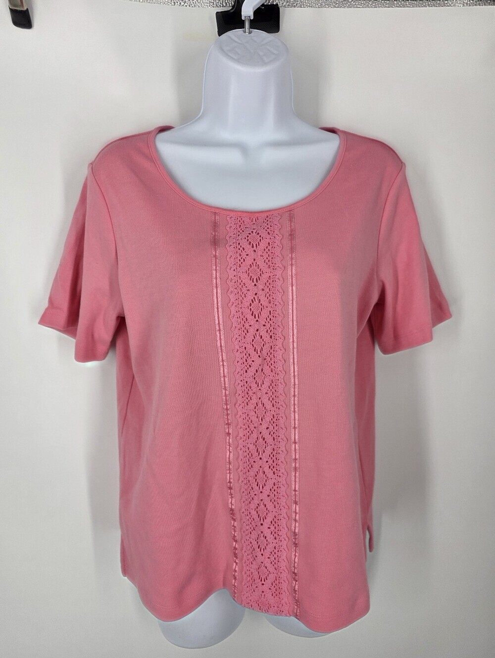Koret Pink Lace Trim Short Sleeve Top Size S Cotton Crochet Grandmacore Scoop